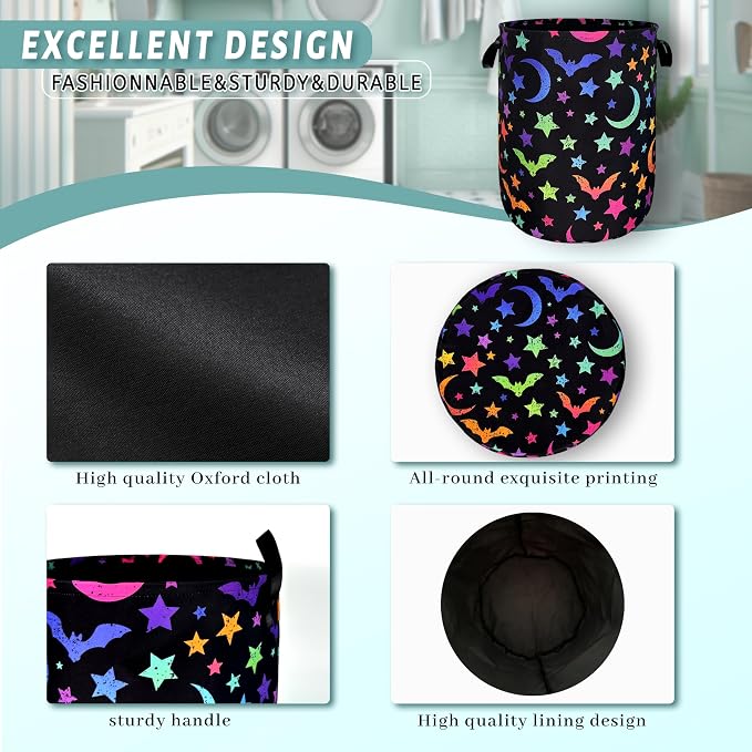 Colorful Bats Laundry Hamper Moon Stars Laundry Basket - Image 4