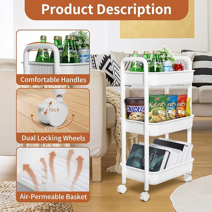 YSSOA Rolling Storage Cart, 3 Tier Slim Mobile Shelving Unit 360° Rotating - Image 3