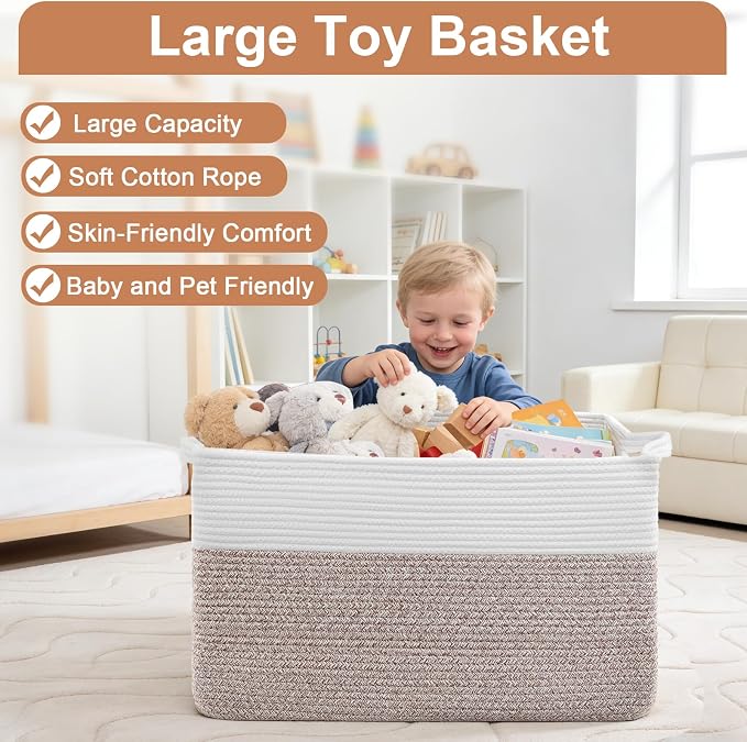 105L XXXL Large Blanket Basket, Rectangular Cotton Rope Basket, Laundry Hamper - Image 4