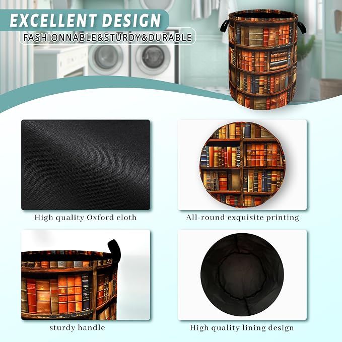 Retro Wooden Bookshelf Pattern Laundry Hamper Books Laundry Basket - Image 4