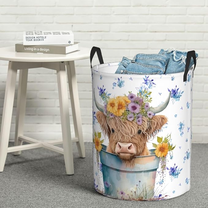 Highland Cow with Blue Floral Laundry Basket, Farm Animal Dirty Clothes Laundry - Image 7