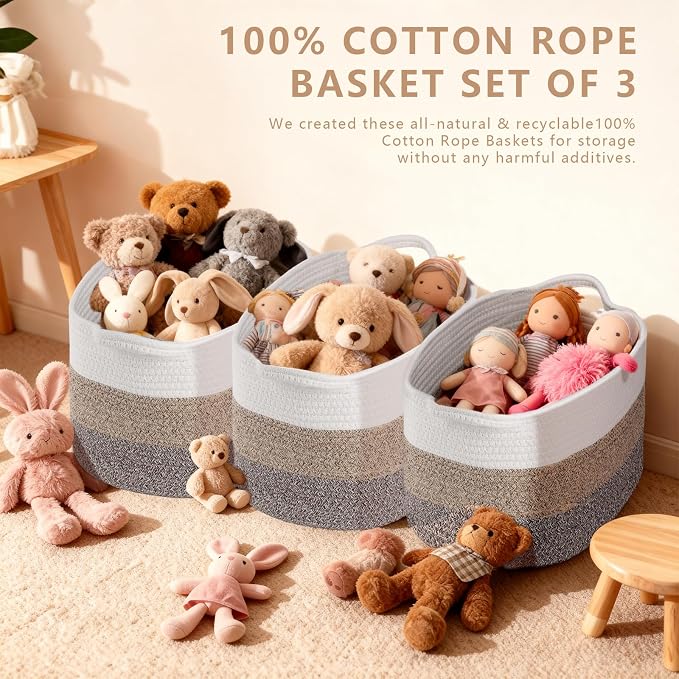 3PCS Grey Cotton Rope Woven Storage Basket, Baby Blankets & Empty Gift Baskets - Image 4