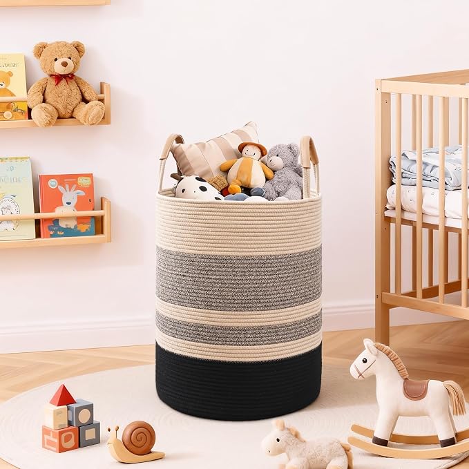 60L Striped Laundry Basket, Woven Cotton Rope Storage Bin - Image 5