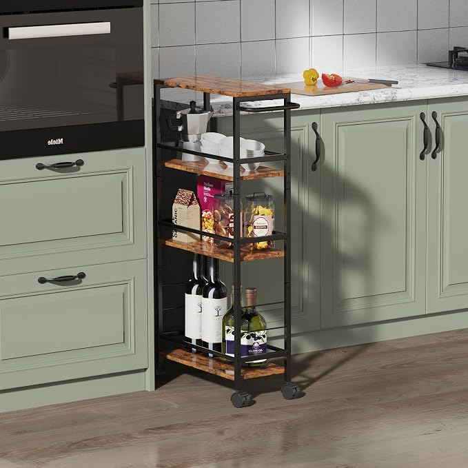 Slim Rolling Cart, 4-Tier Kitchen Storage Rolling Cart, Narrow Cart - Image 2