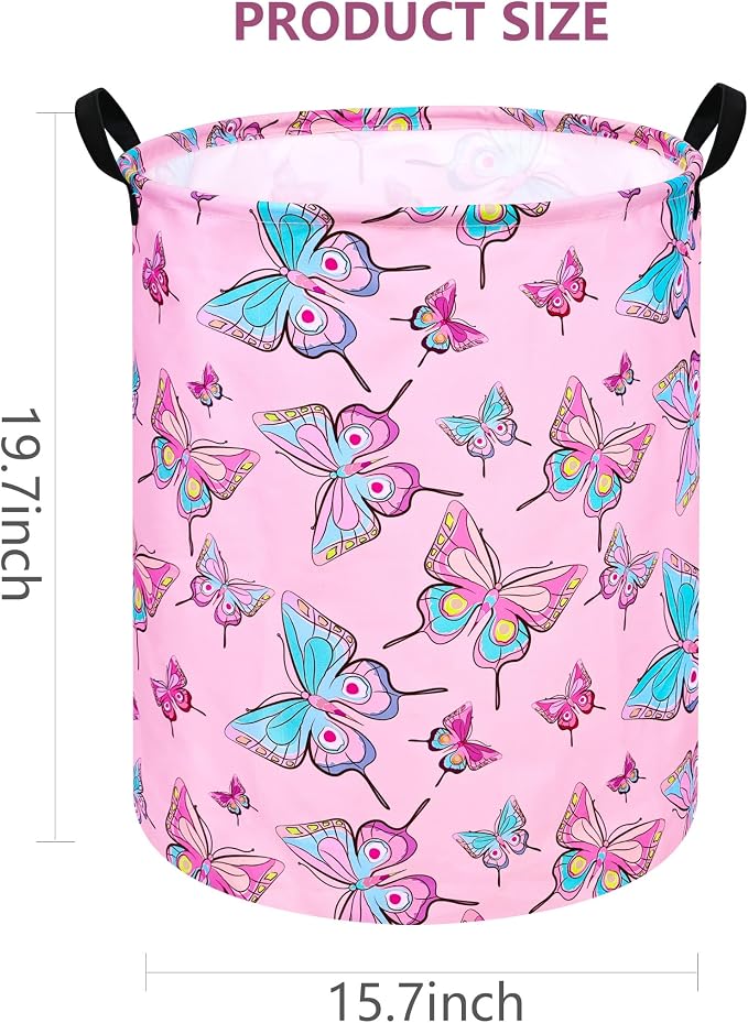 Round Pink Butterfly Laundry Basket Storage Bins Nursery Hamper Gift Baskets - Image 2