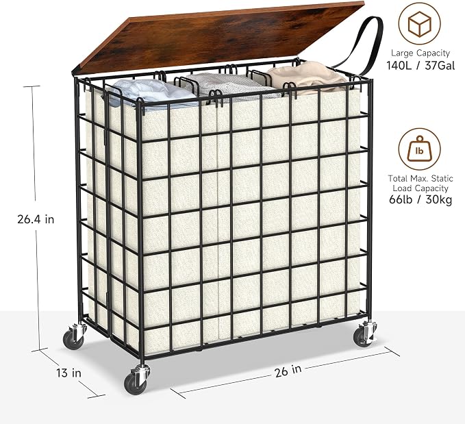 Laundry Basket with Wheels, Heavy Duty Laundry Sorter 3 Sections, 140L Large - Image 2