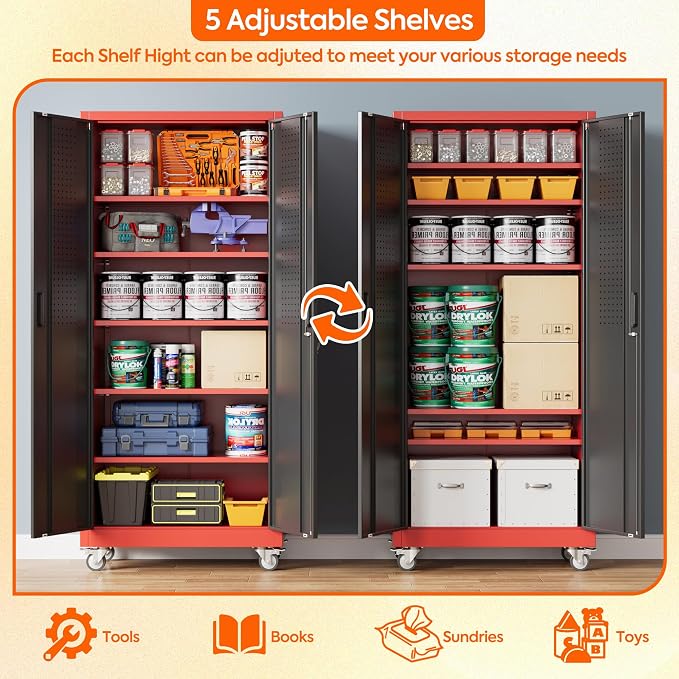 Garage Storage Cabinet with Wheels and Pegboard, Assembly Required - Image 4
