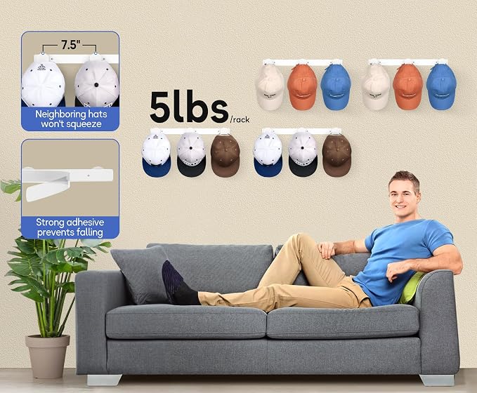 KIMBORA 4 Packs Hat Rack for Wall, Hat Organizer for Baseball Caps Holds 36 pcs - Image 3