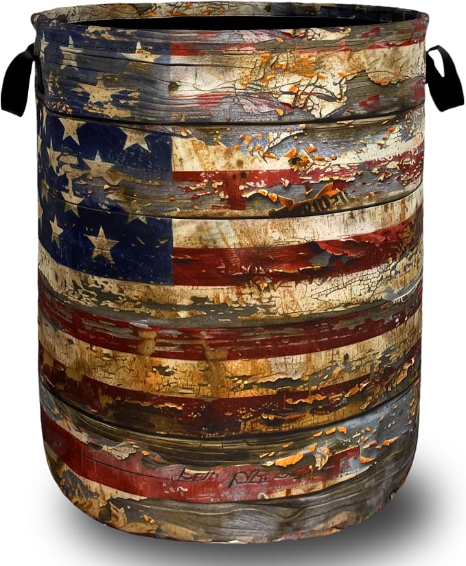 Vintage American Flag Laundry Basket Patriotic Funny Laundry Hamper Foldable by SELIONLIKN