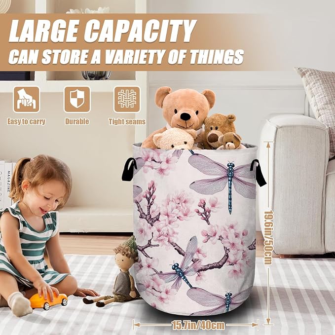 Dragonfly Laundry Basket, Foldable Cherry Blossom Laundry Hamper Tote Bag Dirty - Image 2