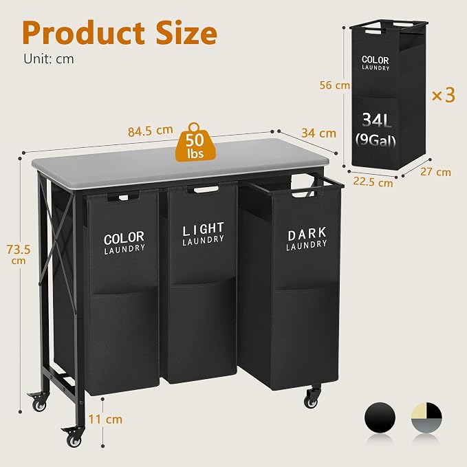 3 Section Laundry Sorter with Ironing Board, Laundry Hamper with Removable Bags - Image 2