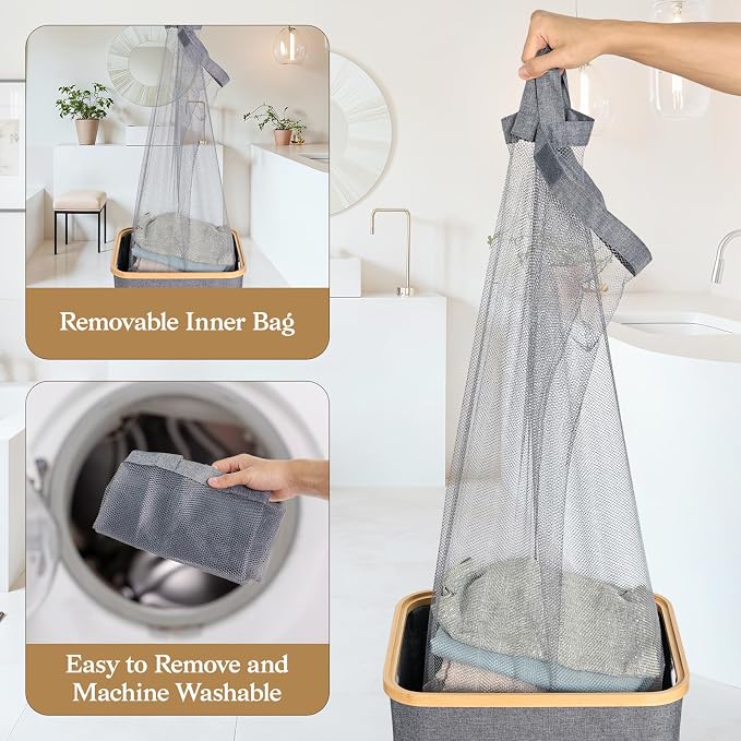 Laundry Baskest with Lid, 100L Large Tall Laundry Hamper with Removable Bag - Image 4