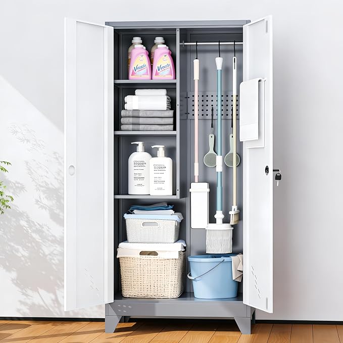 Broom Closet Storage Cabinet, Metal Garage Storage Cabinet by YILFANA
