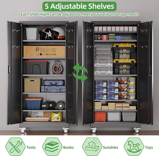 Garage Storage Cabinet with Wheels and Pegboard, Assembly Required - Image 5