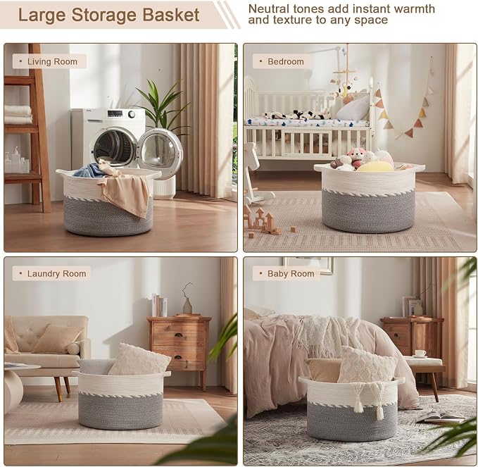 OIAHOMY 125L Extra Large Blanket Basket, Jumbo Laundry Hamper, Cotton Rope - Image 6