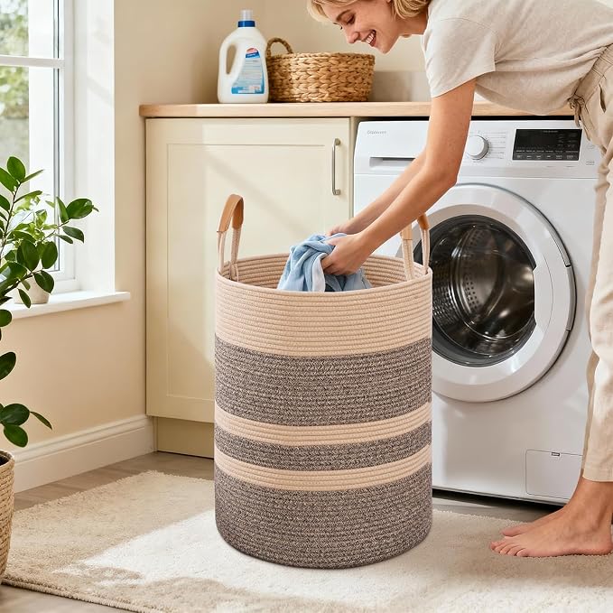 60L Striped Laundry Basket, Dark Brown Laundry Hamper - Image 2