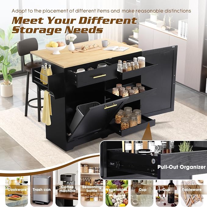 48" Kitchen Island with Trash Can Storage & Drop Leaf, Rolling Kitchen Island - Image 5