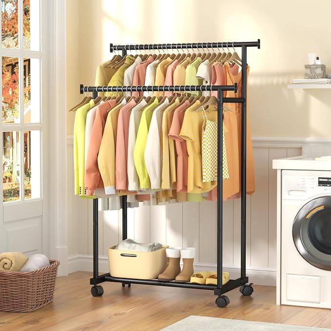 Double Rods Clothes Rack with Wheels, Rolling Clothing Rack - Image 2