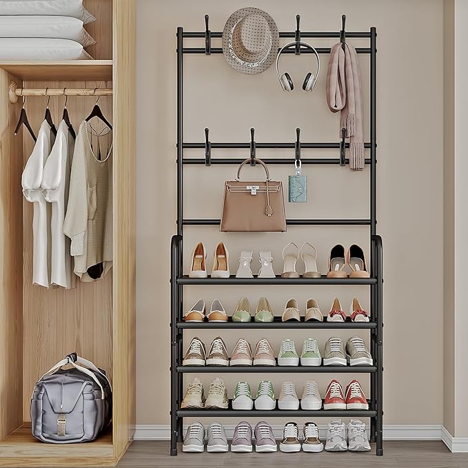 Coat Rack Shoe Rack With Storage Shelf Freestanding with 8 Hooks - Image 6