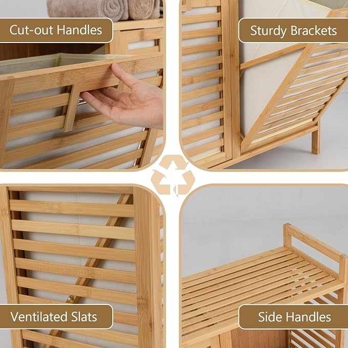 Bamboo Laundry Hamper, 75L Double Tilt-Out Laundry Basket - Image 4