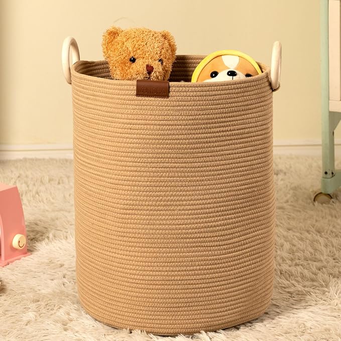 Jute Large Woven Laundry Basket Hamper, 60L Cotton Rope Storage Bin by MORSHAHOME