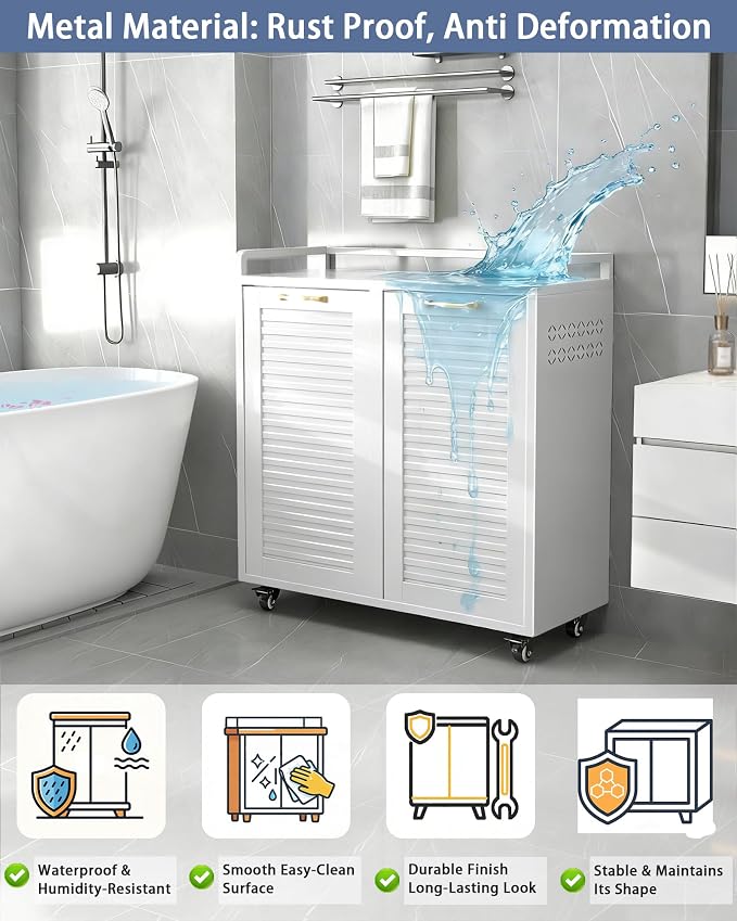 Double Tilt Out Laundry Hamper Cabinet, Locking Caster Metal Frame, Waterproof - Image 4
