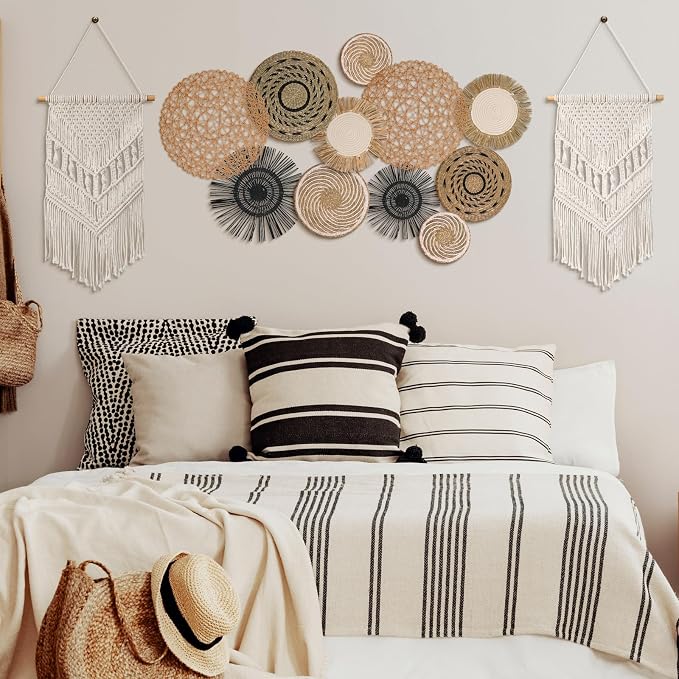 Tatuo 11 Pcs Boho Wall Basket Decor Decorative Bulrush Woven Basket Wall Decor - Image 6