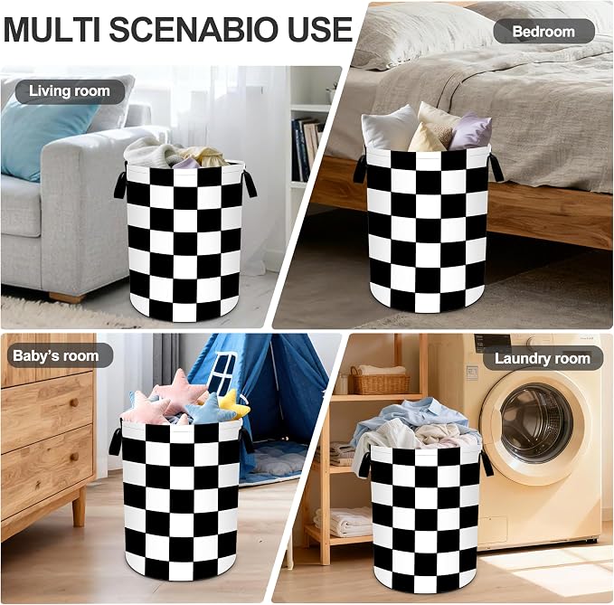 Black White Checkered Laundry Basket Storage Bin Foldable Laundry Hamper - Image 6