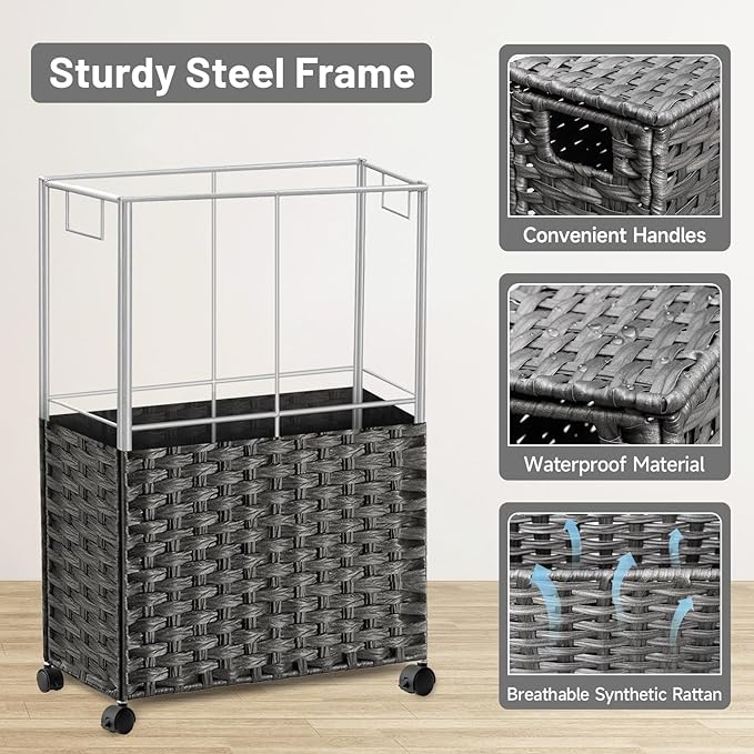 70L Slim Laundry Hamper with Lid & Wheels, Rolling Laundry Basket with 2 - Image 7