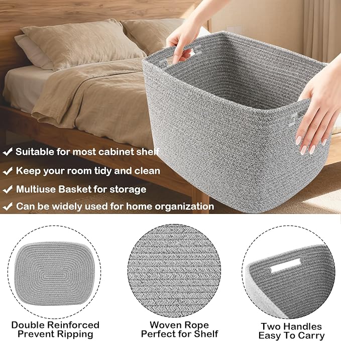 3 Pack Woven Storage Baskets for Shelves, 13.5"×11"×9.5"Organizing Bins - Image 3