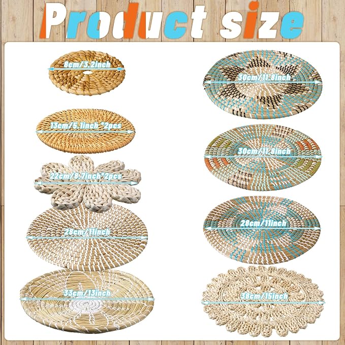 11 Pcs Boho Hanging Wall Basket Decor Handmade Woven Basket Wall Decorative - Image 3
