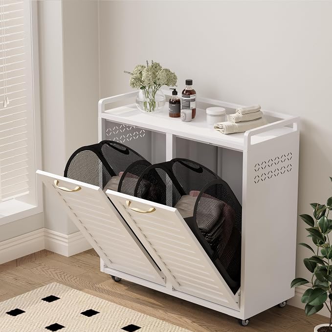 100L Dual Laundry Hamper with Wheels, Metal Rolling Laundry Cabinet with 2 - Image 7