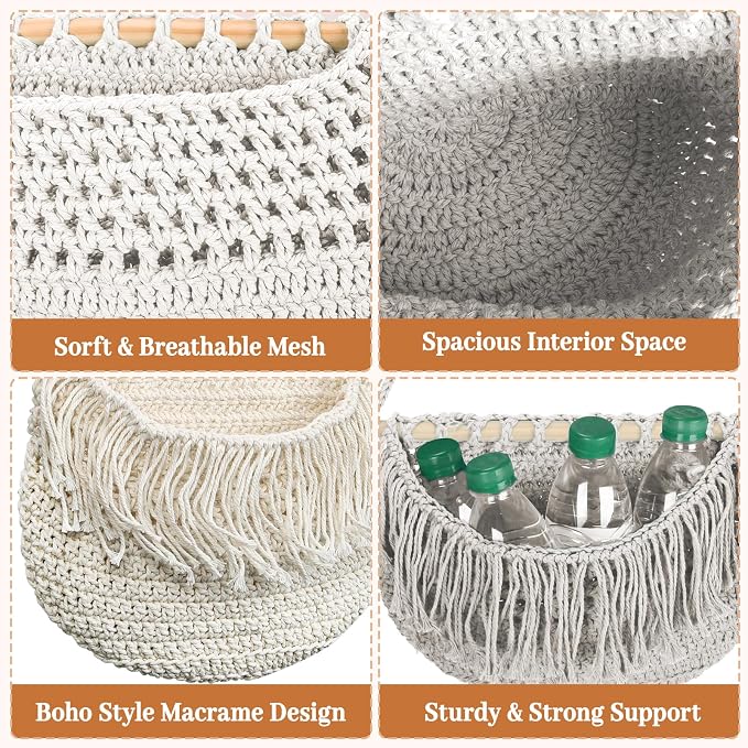 4 Tier Hanging Fruit Basket for Kitchen, 4 Pack Detachable Cotton Crocheted - Image 6