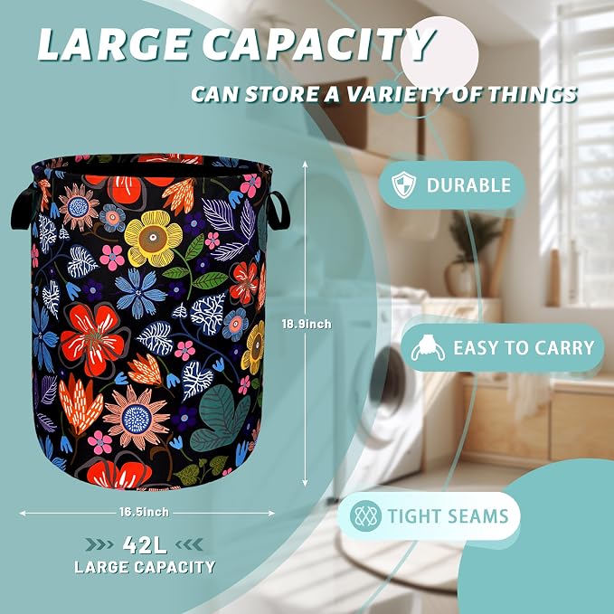 Abstract Colorful Flowers Laundry Hamper Pretty Floral Laundry Basket - Image 2