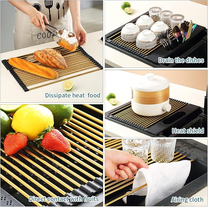 Berglander Gold Dish Drying Rack Over The Sink, L17.5*W 15" Rollable Tianium - Image 4