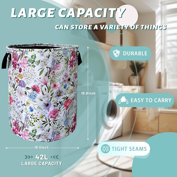 Watercolor Flower Floral Laundry Basket Foldable - Image 2