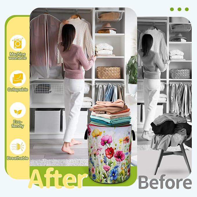 Colorful Flowers Laundry Basket Boho Floral Print Foldable Waterproof Oxford - Image 5