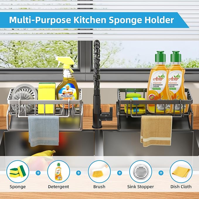 Sponge Holder for Kitchen Sink, Self-Drainage Kitchen Sink Caddy, Rustproof - Image 4