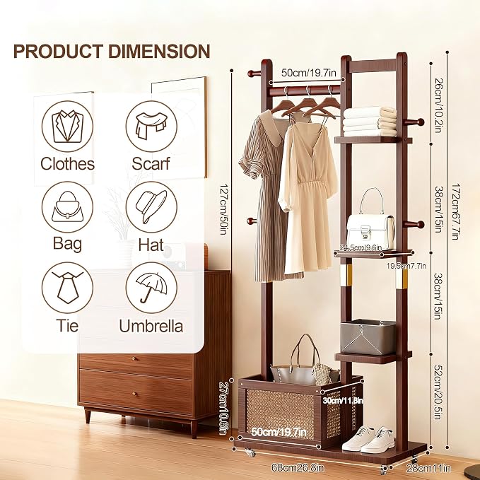 Solid Wood Clothes Rack with Wheels, Freestanding Coat Rack with 4 Shelves - Image 2