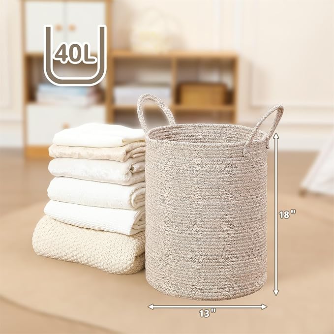 40L Woven Laundry Basket Hamper, 100% Natural Cotton Rope, Handwoven & Durable - Image 2