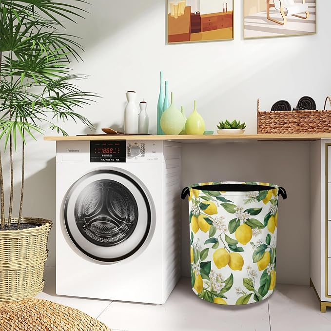 Lemon Laundry Basket, Flower Leaf Foldable Oxford Cloth Tote Bag Laundry Hamper - Image 8