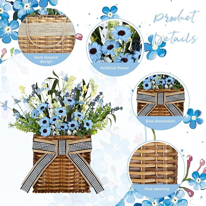 Spring Hanger Basket Wreath for Front Door 15" Blue Daisy Basket Artificial - Image 3