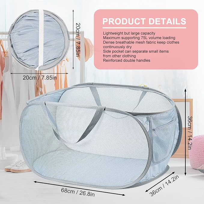 2 PCS Mesh Laundry Hamper, Collapsible Laundry Baskets, 75L Large Foldable - Image 2