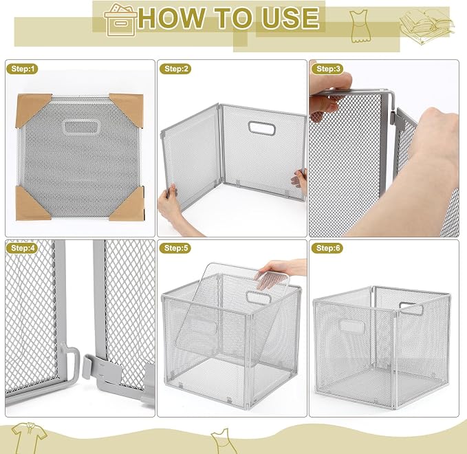 2 Pcs Easter Foldable Metal Cube Storage Baskets 13" x 13" Gray Kitchen Wire - Image 4