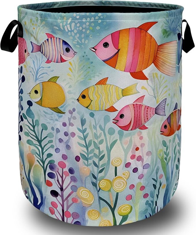 Watercolor Fish Laundry Basket Foldable by SELIONLIKN