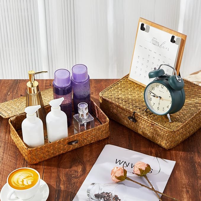 Set of 4 Seagrass Basket with Lid Wicker Storage Basket Decorative Storage - Image 4