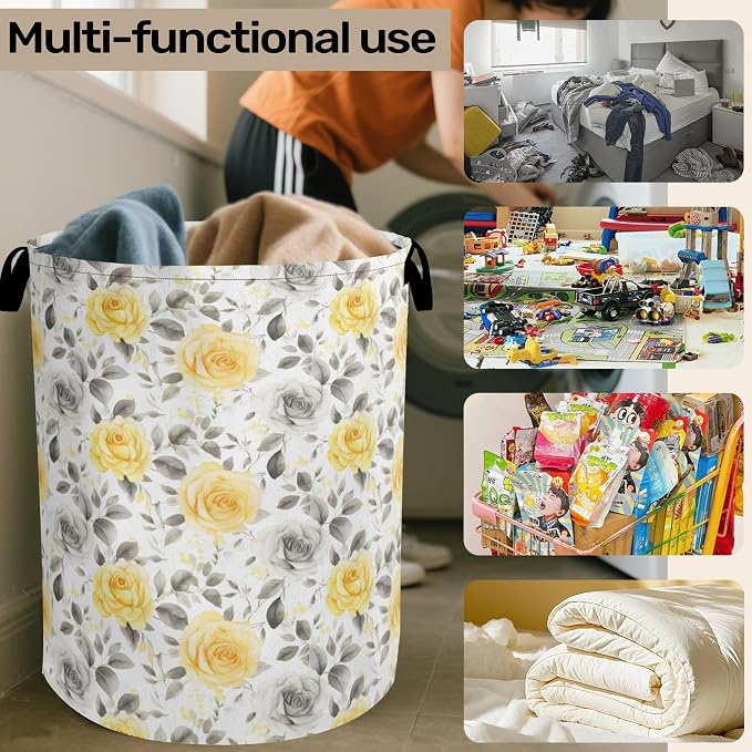 Yellow Gray Flowers Large Clothes Hamper Bag - Image 6