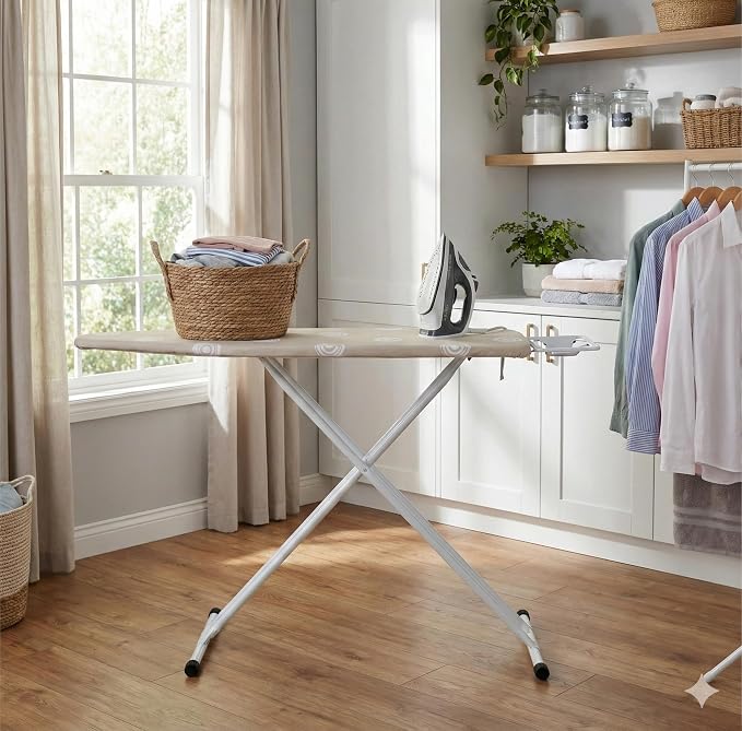 Beige T-Leg Ironing Board with Cotton Cover, Height Adjustable, Home Use - Image 8