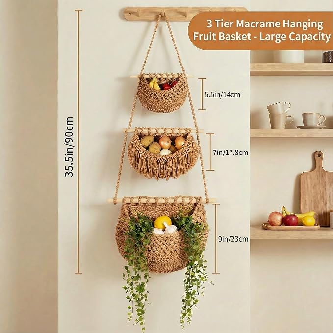 3 Tier Hanging Fruit Basket, Jute Wall Baskets, Hanging Produce Baskets - Image 2