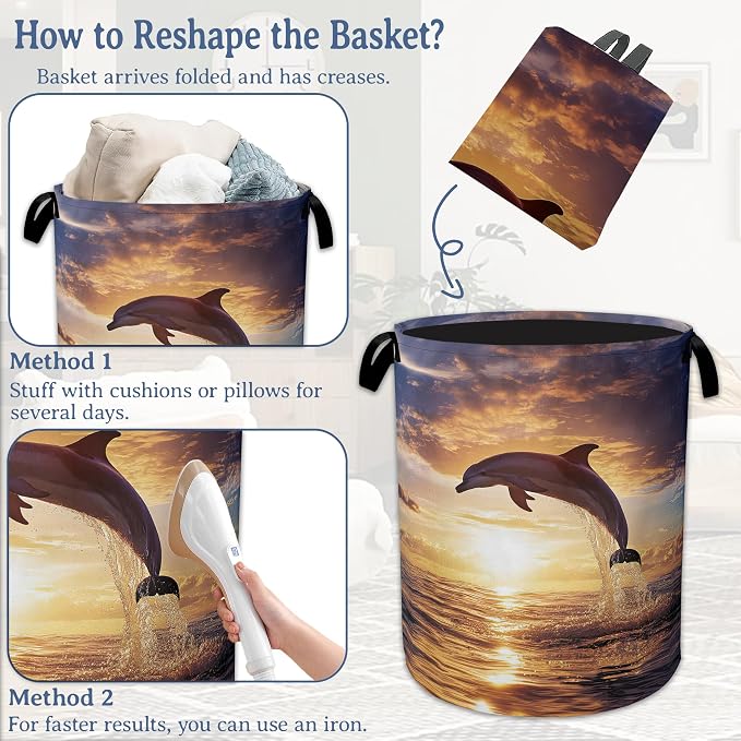 Dolphins Laundry Basket, Foldable Oxford Cloth Sunset Laundry Hamper - Image 6
